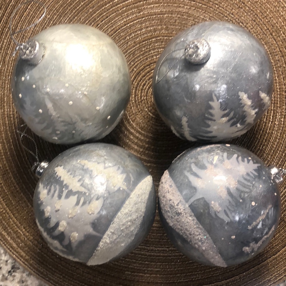 Christmas Ornaments Silver White Tree Landscape - Set of 4